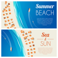 Wall Mural - Sunny summer beach horizontal banners with beach chairs and people. Vector illustration, eps10.