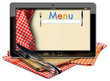 © Alberto Masnovo - Restaurant Menu in the Tablet Computer / Tablet computer with text Menu in the screen, on a wooden cutting board, checkered tablecloth and silver cutlery. Isolated on white background
