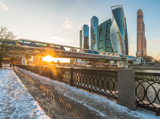 Pedestrian bridge Bagration in the winter at sunset.