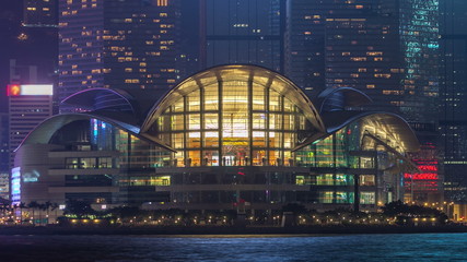 Wall Mural - Hong Kong Convention and Exhibition Centre in night timelapse