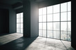 Empty loft interior with large windows backlit, 3d render