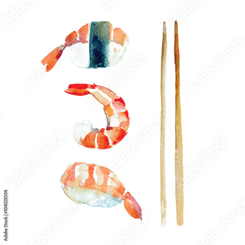 Naklejka samoprzylepna Akwarela zestaw sushi z krewetkami.