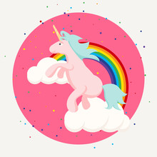 Cute Happy Unicorn And Rainbow Clouds T Shirt Design. Pink Horse For Children Clothes And Print Fabric Accessories.