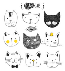 Naklejka na meble Set of cute doodle cats . Sketch cat . Cat Sketch . Cat handmade . Print T-shirts for the cat . Print for clothes . Kids Doodle animals . Stylish muzzle cats . Isolated cat. Pet