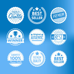 Wall Mural - Collection of Premium Quality, Guarantee Labels, Best Seller and Winner icon with retro vintage styled design. Outline symbol collection. Stroke vector logo concept for web graphics. 