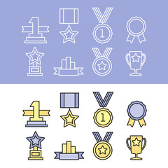 Wall Mural - medal and winner icon set. blank label of flat style. first place, flag, star.