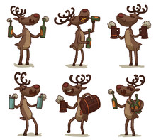 Vector Cartoon Image Of Six Funny Brown Deers With Horns And With Beer In Green Glass Bottles, Brown Wooden Mugs, Gray Aluminum Cans, A Brown Wooden Barrel On A Light Background. Vector Illustration.