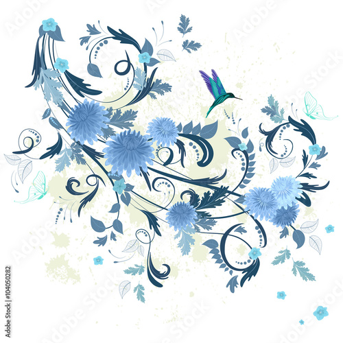 Naklejka - mata magnetyczna na lodówkę Niebieskie fantazyjne kwiaty na białym tle