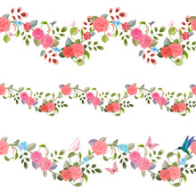 Collection Seamless Borders With Vintage Floral Pattern