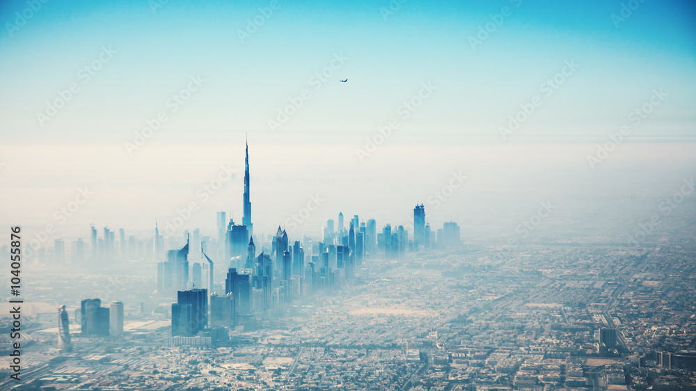 Dubai city in sunrise aerial view - obrazy, fototapety, plakaty 