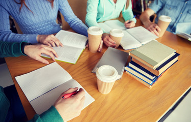 Wall Mural - close up of hands with books writing to notebooks