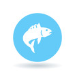 Fish icon. Fish jump sign. Fishing symbol. White fish icon on blue circle background. Vector illustration.