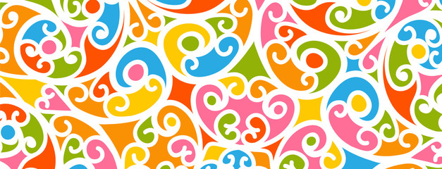 Bunter und Floraler Vektor Hintergrund mit Swirls und Twirls. Gekringelter und verschnörkelter farbiger, fröhlicher Background.