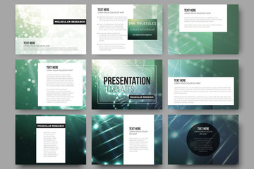 Wall Mural - set of 9 vector templates for presentation slides. dna molecule structure on a green background.