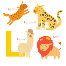 L Letter Animals Set. English Alphabet. Vector Illustration, Isolated On White Background