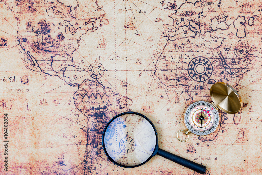 Treasure Map with old Compass telescope and magnifying glass Stock ...