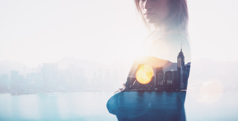 Closeup of businesswoman. Double exposure, city and bay on the background. Blurred background, horizontal