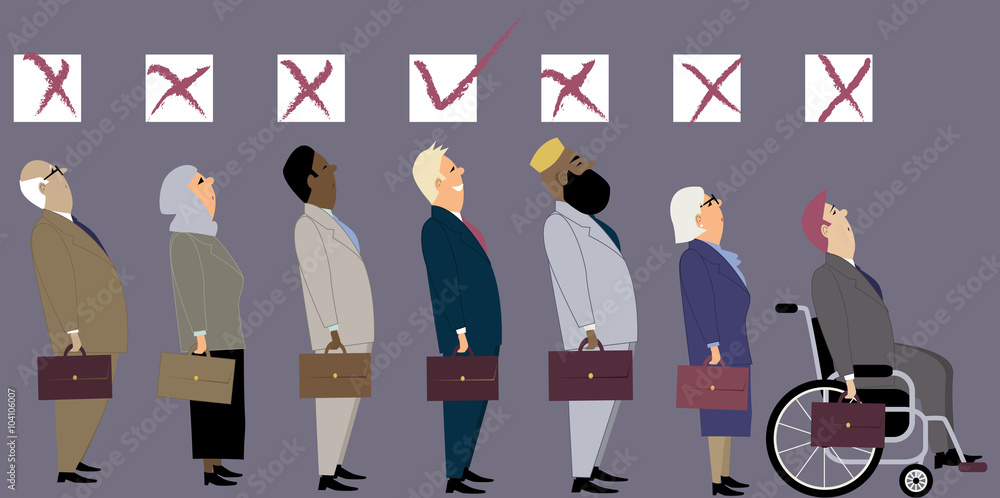 Line of diverse candidates for a job with a check boxes above their heads as a metaphor for  a discrimination during an employment interview, EPS 8 vector illustration - obrazy, fototapety, plakaty 