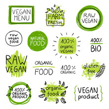 Vector Illustration Of Healthy Organic Vegan Food Lables