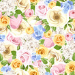 © naddya - Vector seamless background with pink, yellow, blue and white roses, lisianthuses, lilac and hydrangea flowers and green leaves.