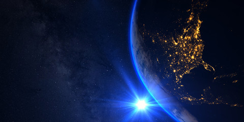 Wall Mural - planet earth with a spectacular sunset, view on usa and canada, with milkyway in background.
