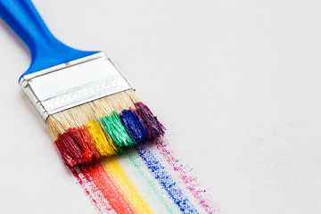 Poster - Paintbrush and multicolor rainbow brush strokes on white artist