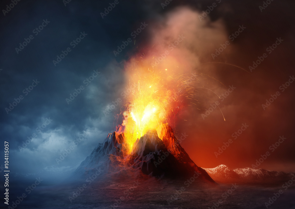 Volcano Eruption. A large volcano erupting hot lava and gases into the atmosphere. Illustration. - obrazy, fototapety, plakaty 