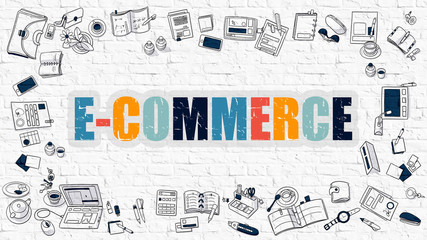 Wall Mural - e-commerce - multicolor concept with doodle icons around on white brick wall background. modern illu