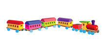 Little wooden model of a vintage passenger train isolated on a white background.