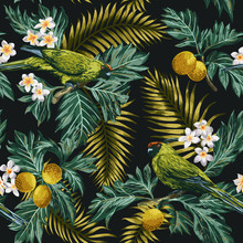Seamless Tropical Pattern With Leaves, Flowers And Parrots.