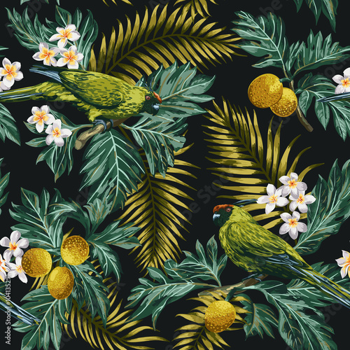 Cotton fabric Seamless tropical pattern with leaves, flowers and parrots.