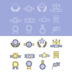 Wall Mural - medal and winner icon set, blank label of first place, flag, star of flat design style, vector illus