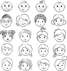 Set of shildren`s faces. Vector contour.