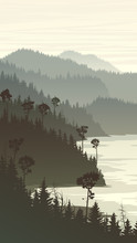 Vertical Illustration Of Misty Forest Hills On Rocky Seashore.