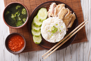 Wall Mural - Hainanese chicken rice closeup on a plate. Horizontal top view
