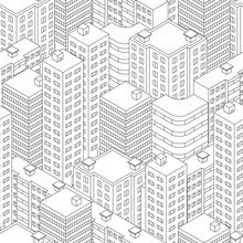 Town In Isometric View. Seamless Pattern With Houses. Linear Sty