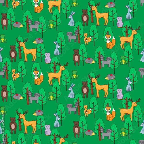 Fotografie, Obraz Seamless pattern with different anumals in a forest in cartoon s
