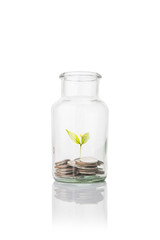  Glass jars with coins, savings concept