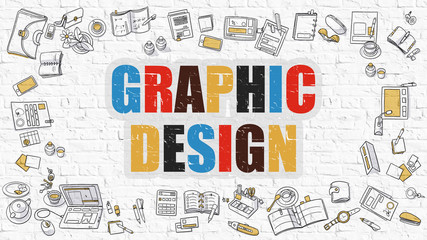 Wall Mural - Graphic Design - Multicolor Concept with Doodle Icons Around on White Brick Wall Background. Modern Illustration with Elements of Doodle Design Style.