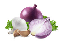Red Onion Garlic Parsley Isolated On White Background