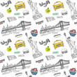 New York city seamless pattern with Hand drawn sketch taxi, hotdog, burger, statue of liberty, newspaper, manhatan bridge. Drawing doodle vector illustration, isolated on white