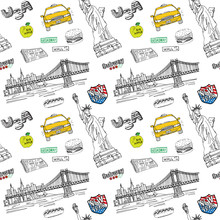 New York City Seamless Pattern With Hand Drawn Sketch Taxi, Hotdog, Burger, Statue Of Liberty, Newspaper, Manhatan Bridge. Drawing Doodle Vector Illustration, Isolated On White