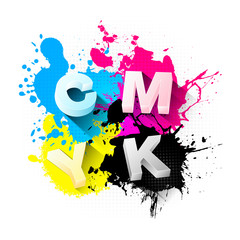 Wall Mural - cmyk print concept with 3d letters and splashes