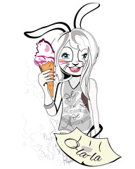 Poster - Fashion hare girl in jeans with an ice-cream. 