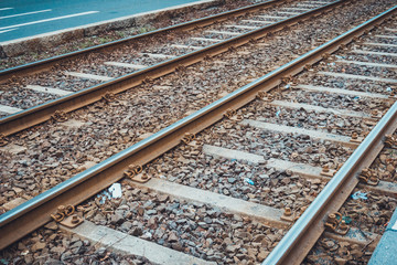 Pair of Parallel Railroad Tracks and Paved Roadway