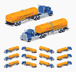 Blue truck with the orange fuel tank. 3D lowpoly isometric vector illustration. The set of objects isolated against the white background and shown from different sides