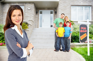 Sticker - Real Estate agent woman near new house.