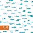 Watercolor sea blue ocean fishes on the white background.