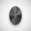 Black abstract geometric shape, ellipse, oval badge, blank button template with metal texture, realistic shadow, light background for banners, interfaces, UI, applications, apps. Vector illustration.