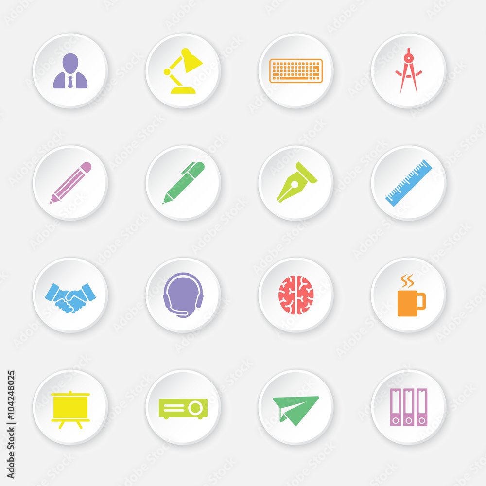 colorful flat icon set 8 on white circle button with soft shadow for ...